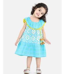 BownBee Printed Cotton Frock Dress for Girls-Blue