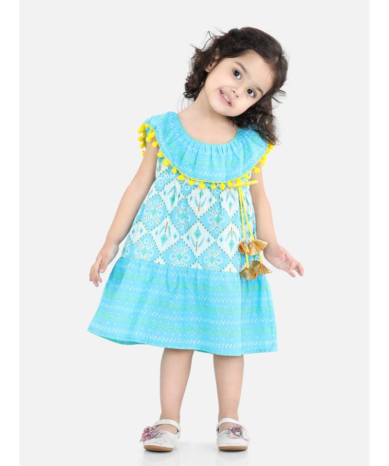 BownBee Printed Cotton Frock Dress for Girls-Blue