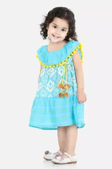 BownBee Printed Cotton Frock Dress for Girls-Blue