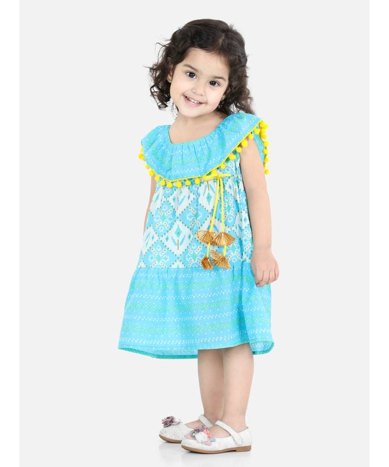 BownBee Printed Cotton Frock Dress for Girls-Blue