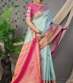 sky-blue coloure Faux kanchipuram Handloom Weaving Silk Saree
