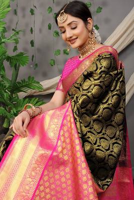Black Colour Faux kanchipuram Handloom Weaving Silk Saree 1