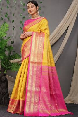 Yellow Colour Faux kanchipuram Handloom Weaving Silk Saree 1