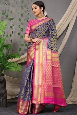 BLUE Colour Faux kanchipuram Handloom Weaving Silk Saree 1