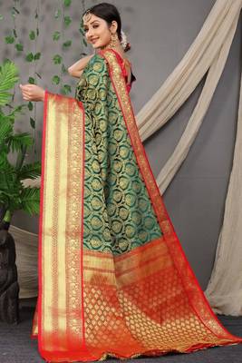  GREEN Colour Faux kanchipuram Handloom Weaving Silk Saree 1