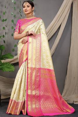 CREAM Colour Faux kanchipuram Handloom Weaving Silk Saree 1
