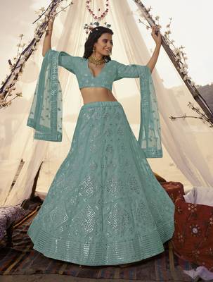 Turquoise thread embroidery organza semi stitched lehenga 1