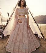 Peach thread embroidery organza semi stitched lehenga