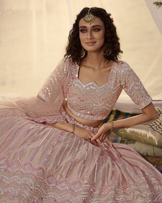Peach thread embroidery organza semi stitched lehenga 2