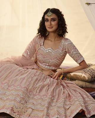 Peach thread embroidery organza semi stitched lehenga 3
