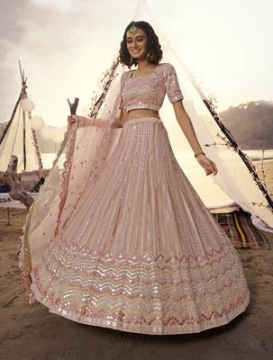 Peach thread embroidery organza semi stitched lehenga 4