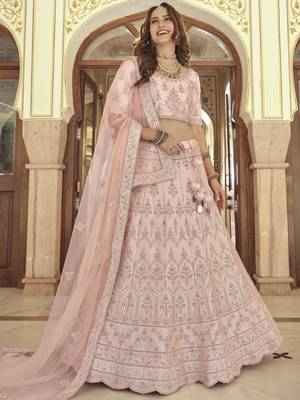 Pink embroidered crepe semi stitched lehenga 1