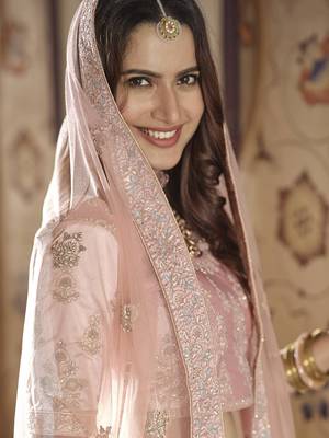 Pink embroidered crepe semi stitched lehenga 4