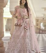 Pink embroidered crepe semi stitched lehenga