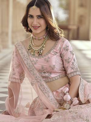 Pink embroidered crepe semi stitched lehenga 2