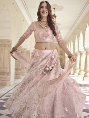 Pink embroidered crepe semi stitched lehenga 3
