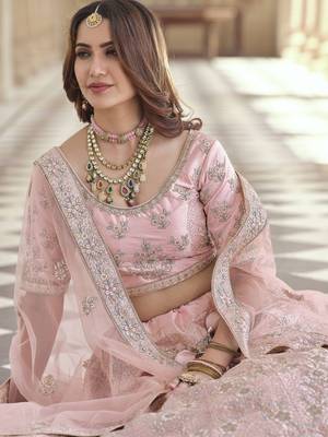 Pink embroidered crepe semi stitched lehenga 4