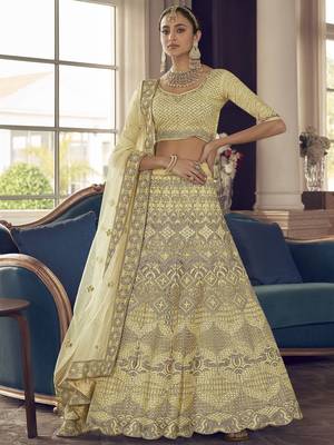 Light-yellow embroidered crepe semi stitched lehenga 1