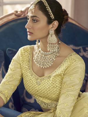 Light-yellow embroidered crepe semi stitched lehenga 4