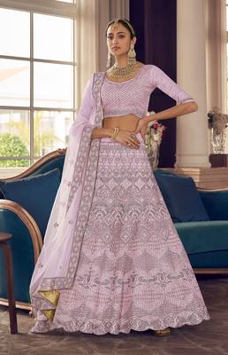 Pink thread embroidery crepe semi stitched lehenga 1