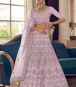 Pink thread embroidery crepe semi stitched lehenga
