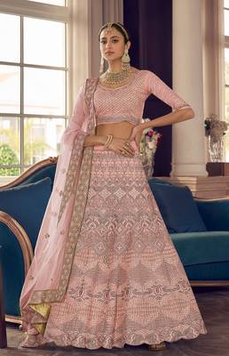 Peach thread embroidery crepe semi stitched lehenga 1