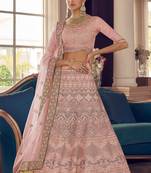 Peach thread embroidery crepe semi stitched lehenga