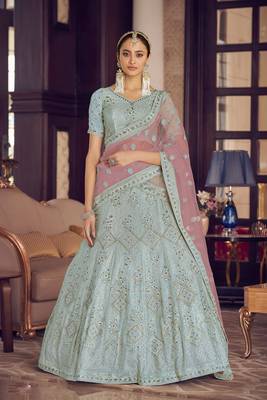 Turquoise thread embroidery crepe semi stitched lehenga 1