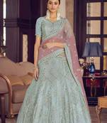 Turquoise thread embroidery crepe semi stitched lehenga