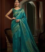 TURQUOISE COLOR Faux Kanchipuram WOVEN SILK BLEND SAREE