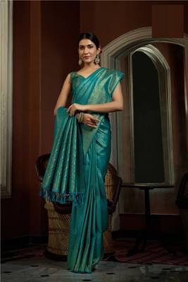 TURQUOISE COLOR Faux Kanchipuram WOVEN SILK BLEND SAREE 2
