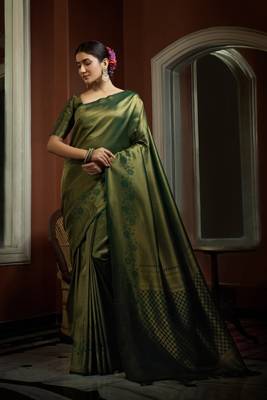 Dark Kanjeevaram Woven Silk Blend Saree 1