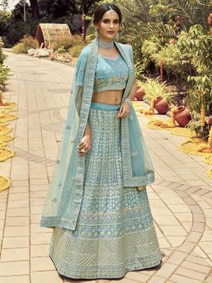 Turquoise embroidered organza semi stitched lehenga 1