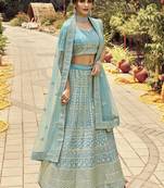 Turquoise embroidered organza semi stitched lehenga