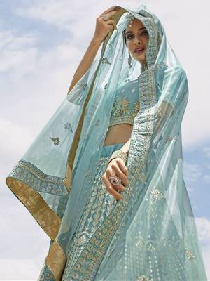Turquoise embroidered organza semi stitched lehenga 2