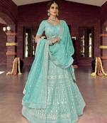 Blue embroidered organza semi stitched lehenga