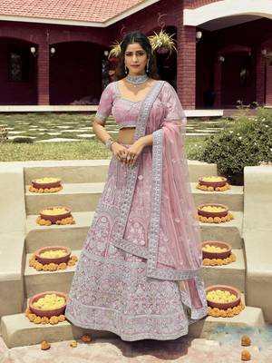 Light-purple embroidered organza semi stitched lehenga 1
