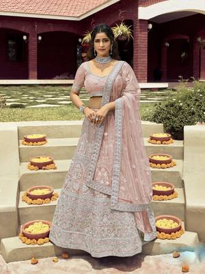 Light-peach embroidered organza semi stitched lehenga 1