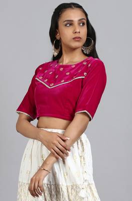 Janasya Women'S Pink Velvet Stitched Blouse 1