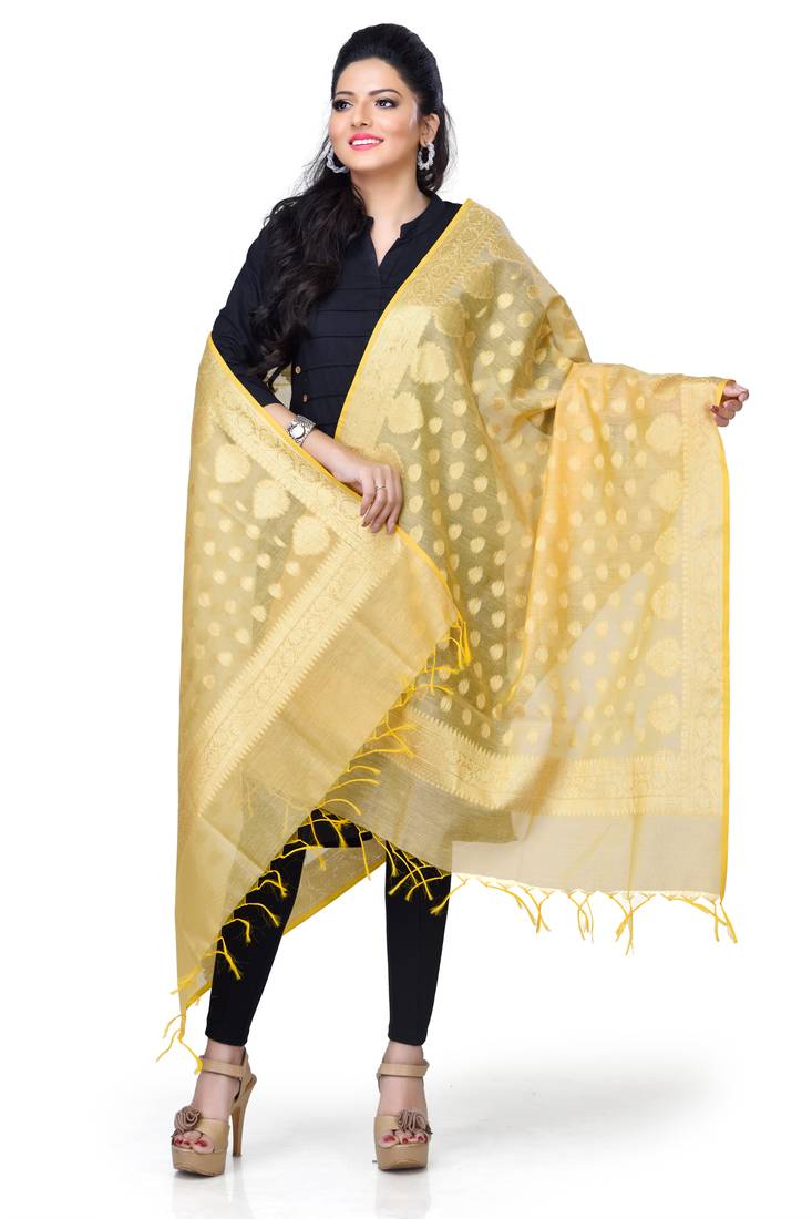 Naveera Women's Light Beige Cotton Chanderi Banarasi Dupatta