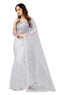 White embroidered net saree with blouse 1