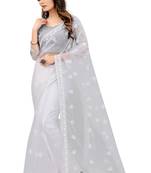 White embroidered net saree with blouse