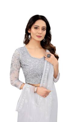 White embroidered net saree with blouse 2