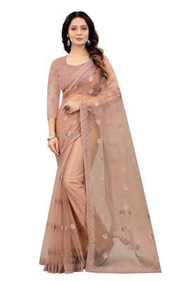Beige embroidered net saree with blouse 1