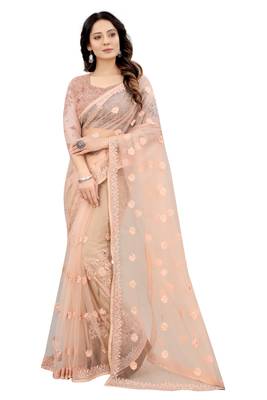 Peach embroidered net saree with blouse 1