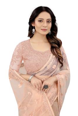 Peach embroidered net saree with blouse 2