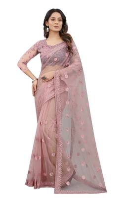 Lavender embroidered net saree with blouse 1