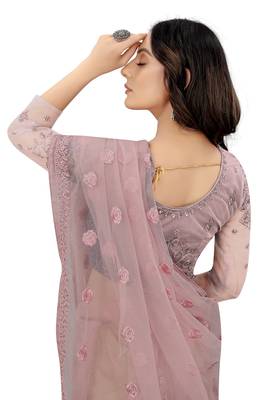 Lavender embroidered net saree with blouse 2