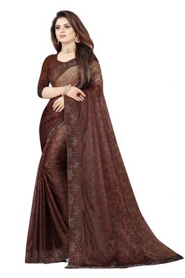 Brown embroidered net saree with blouse 1