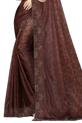 Brown embroidered net saree with blouse 2